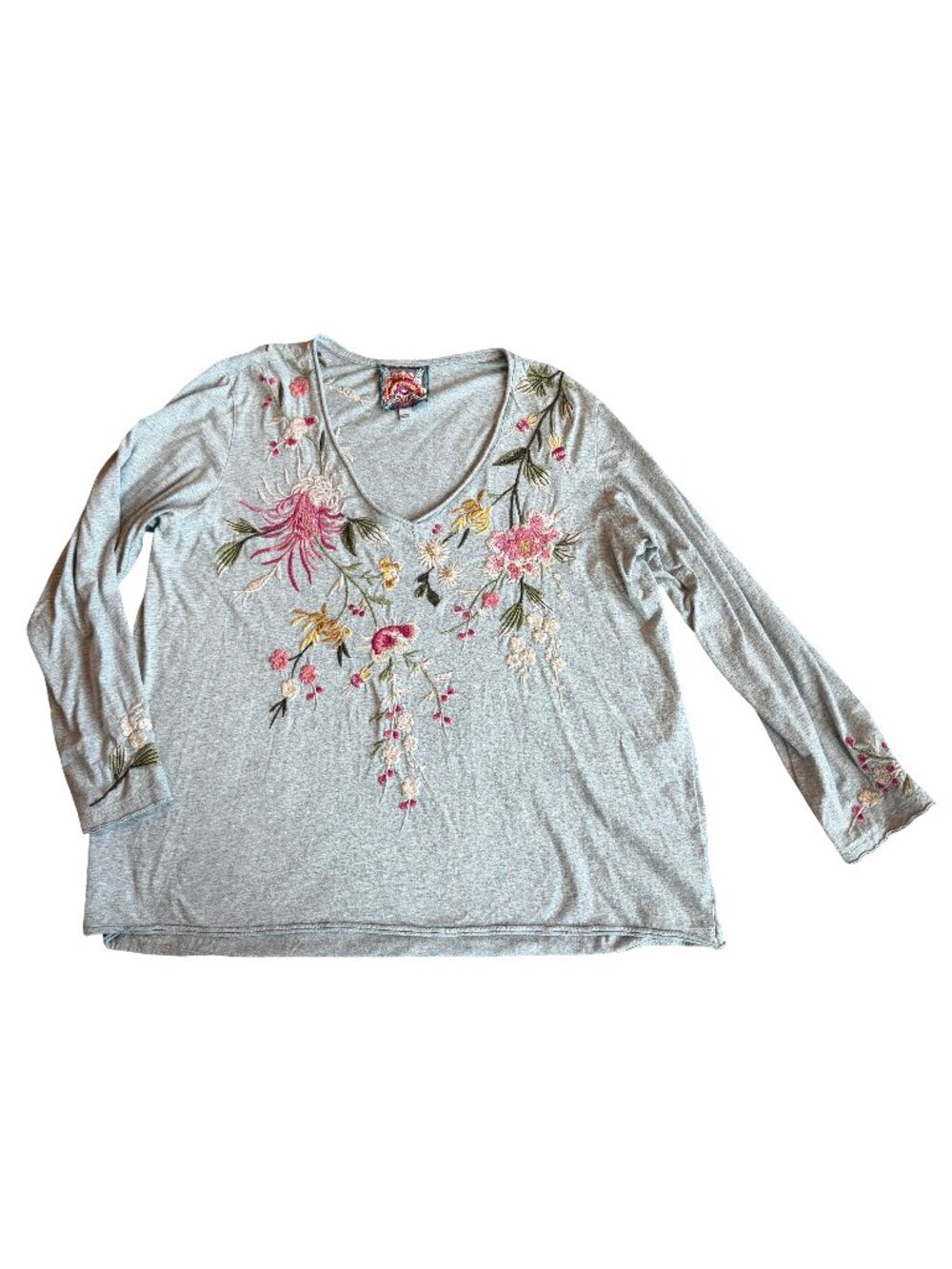Johnny Was Heather Grey Floral Embroidered V Neck Top Shirt Sleeve Large Women's